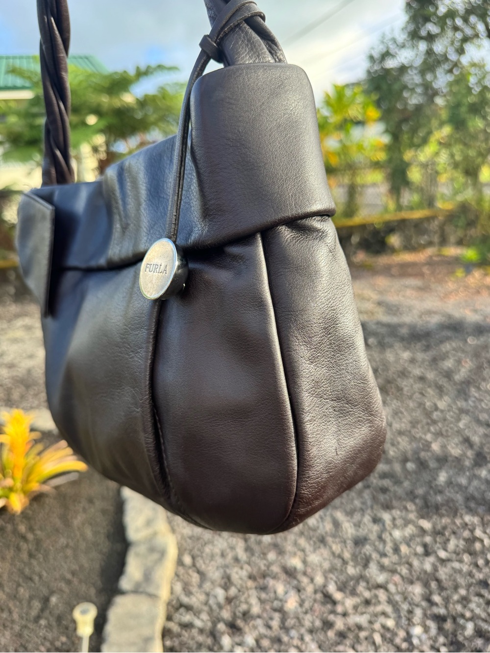 Furla Dark Brown Genuine Leather Twisted Handle Shoulder Bag Italy - Picture 5 of 10